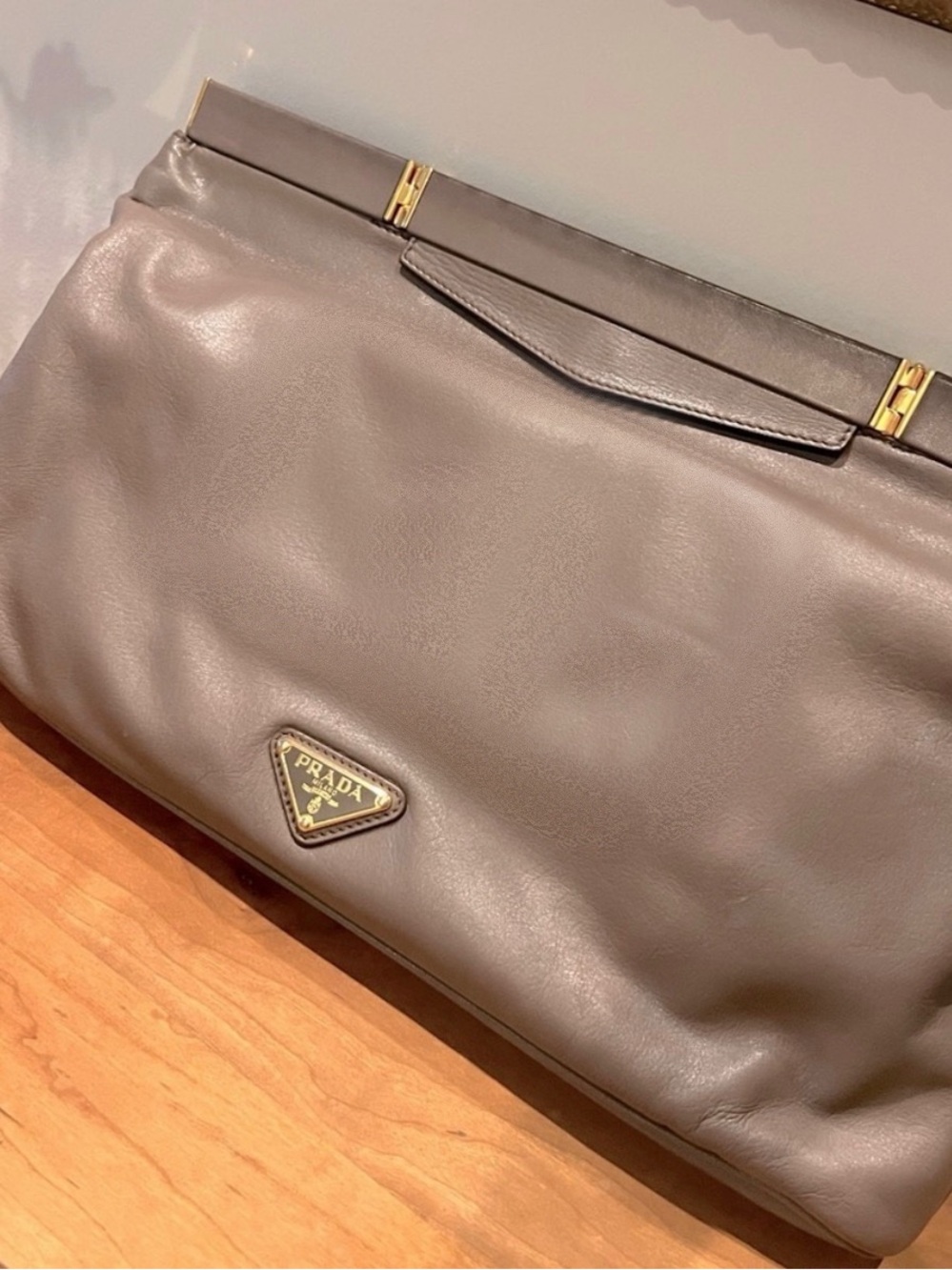 Rare Prada Vintage Frame Clutch in Gray Lamb Leather